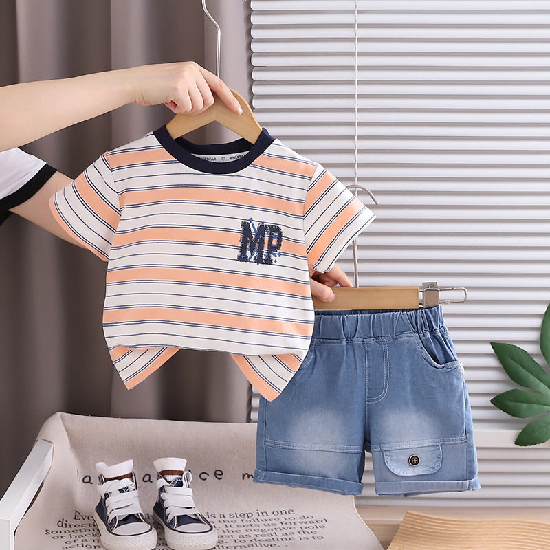 Boys' Outfit 2026 New Style Children's Striped Short-Sleeve Fashionable Baby Summer Thin Two-Piece Set Trendy