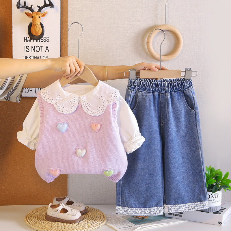 Girls' Outfit Spring and Autumn 2026 New Fashionable Colorful Heart Sweater 3-Piece Set for 1-5 Year Olds