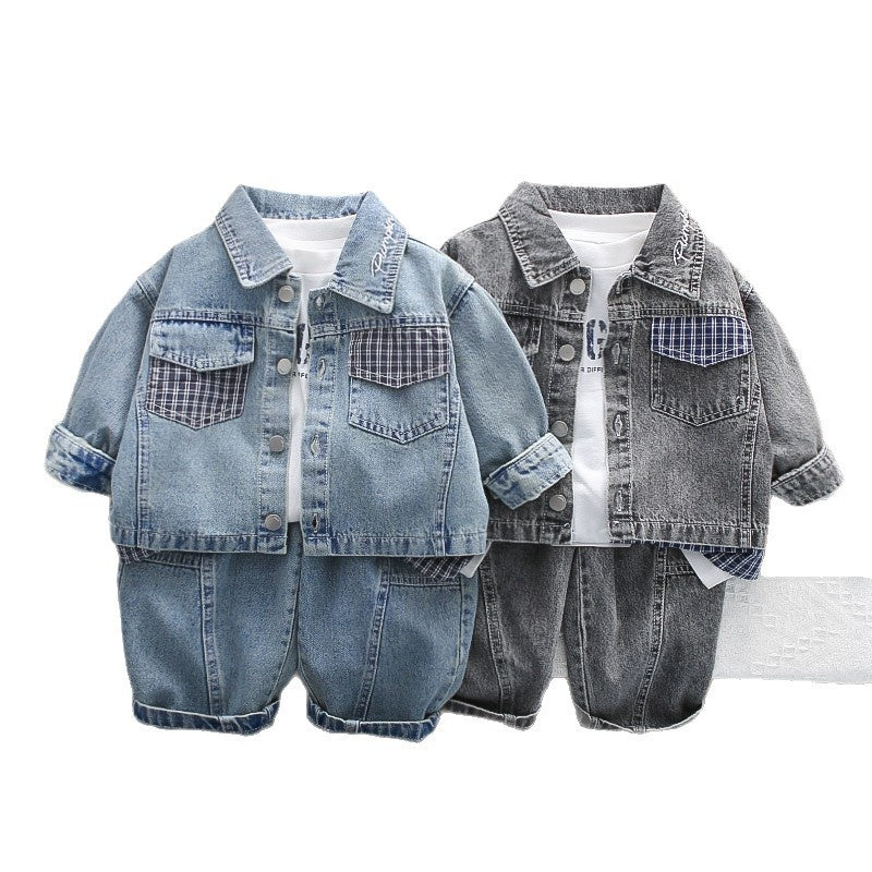 Boys' Autumn Plaid Color-Block Denim Three-Piece Set Infants and Toddlers 1-4 Years Old, Stylish Spring Outfit for Babies