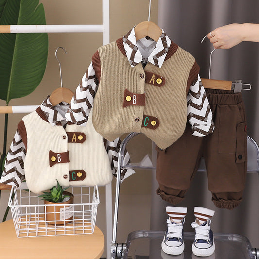 2024 Korean Version Autumn New Shirt 1-5 Years Old Boys Stylish Sweater Vest Casual Three-Piece Set One Piece Dropshipping