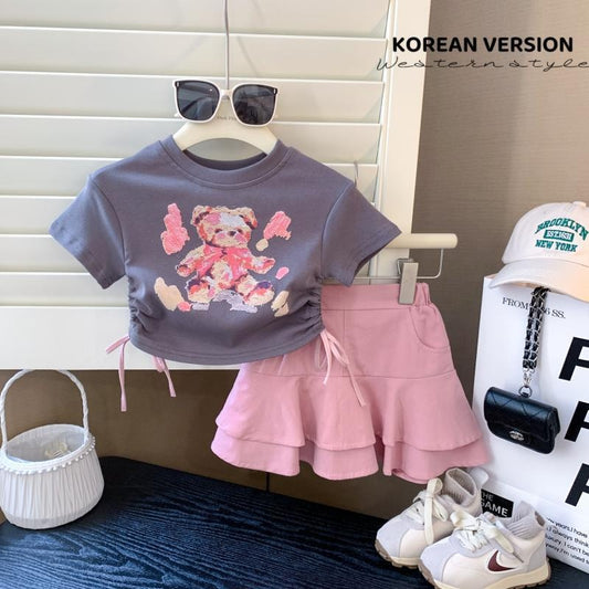 cute girls' t-shirt set, new summer drawstring top, Korean-style sweet and spicy two-piece skirt set
