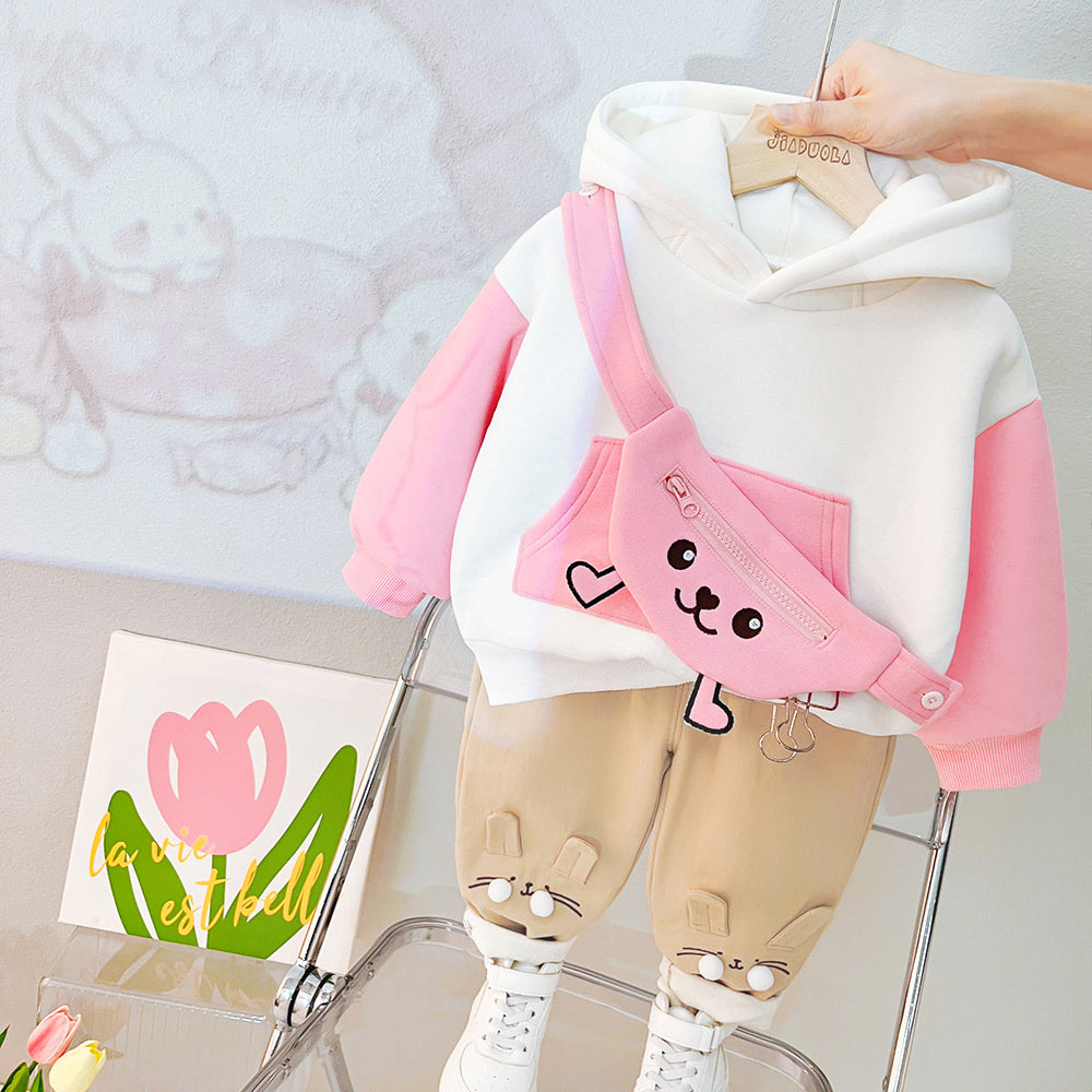 Children's clothing boys and girls, fleece-lined with hood late autumn, cartoon thickened sweatshirt two-piece set for kids