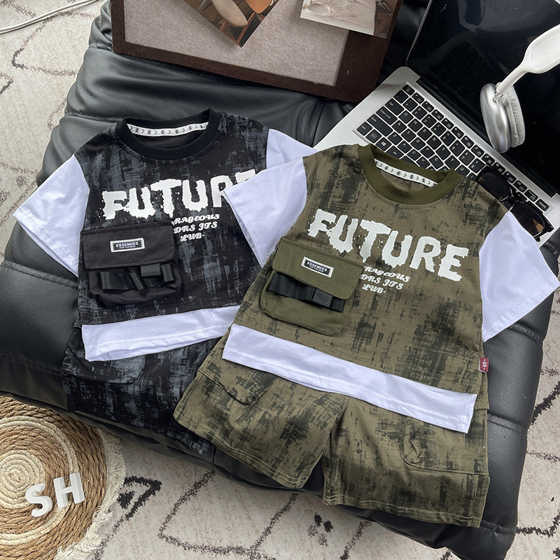 Baby clothes summer children's two-piece outfit stylish camouflage pocket cargo short-sleeve set for one-year-old boy