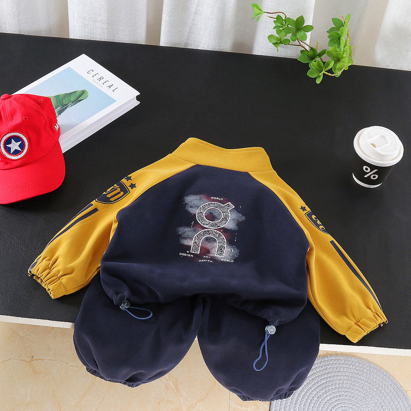 Boys' Spring and Autumn Outfit 2026 New Fashionable Infant Children's Clothing Baby Patchwork Half-Zip Two-Piece Set Trendy