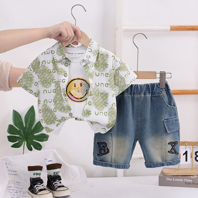Boys' Outfit 2026 New Children's Wear Short-Sleeve Stylish Baby Summer Smiley Face Shirt Three-Piece Set