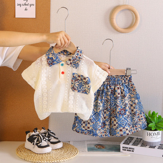 Boys' and girls' outfit 2026 new children's clothing summer thin baby floral pocket short-sleeve two-piece trendy set