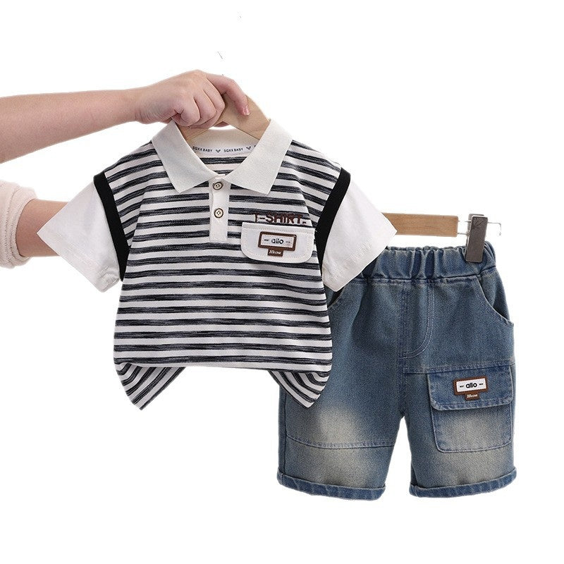 Boys' Outfit 2026 New Style Toddler Striped Pocket Short-Sleeve Polo Shirt Baby Summer Two-Piece Set