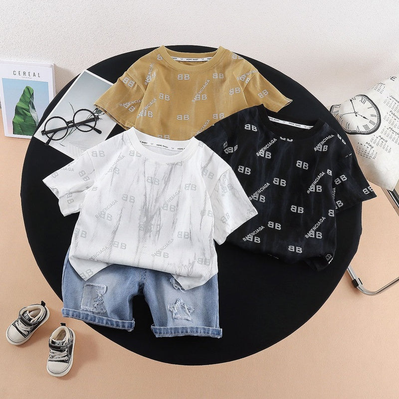 Boys' Outfit 2026 New Trendy Baby Summer Letter Print Short Sleeve Clothes Children's Fashionable Two-Piece Set