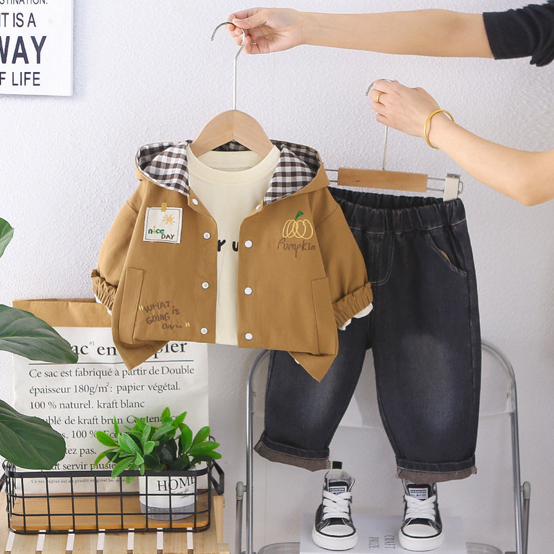 Boys' Outfit 2026 New Fashionable Children's Spring and Autumn Stylish Casual Plaid Hooded Three-Piece Set