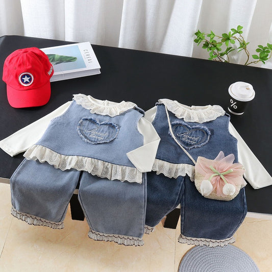 Girls' Outfit 2026 New Fashionable Clothes for Babies, Spring and Autumn Love Letter Denim Three-Piece Set