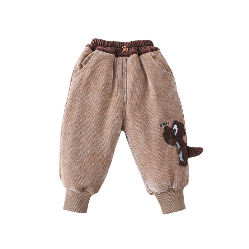 Boys New Warm Cotton Baby Cartoon Thickened Casual Children Winter Stylish Dinosaur Pants Trendy