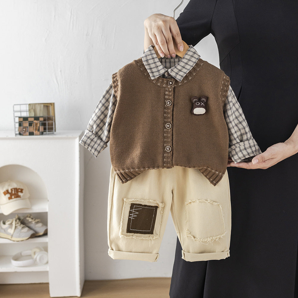 Boys' Spring and Autumn 2025 New Fashionable Children's Stylish Baby 3D Bear Head Cardigan Sweater Three-Piece Set Trendy