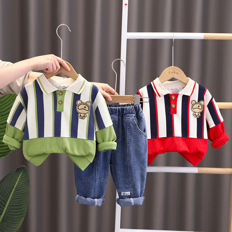 Boys' Spring Outfit 2025 New Stylish Toddler Boys and Girls Baby Striped Long Pants Two-Piece Set Wholesale