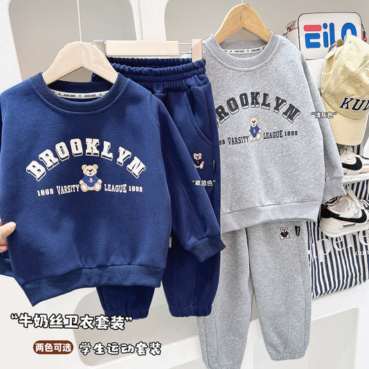 Spring New Children's 2025 Cartoon Round Neck Sweatshirt Stylish Sports Style Boys' Sweatpants Two-Piece Set