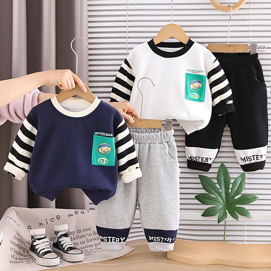 Boys' Autumn Outfit: Stylish Cartoon Pocket Bear Color-Block Sweatshirt Two-Piece Set, Cute Toddler Clothes for Babies and Children