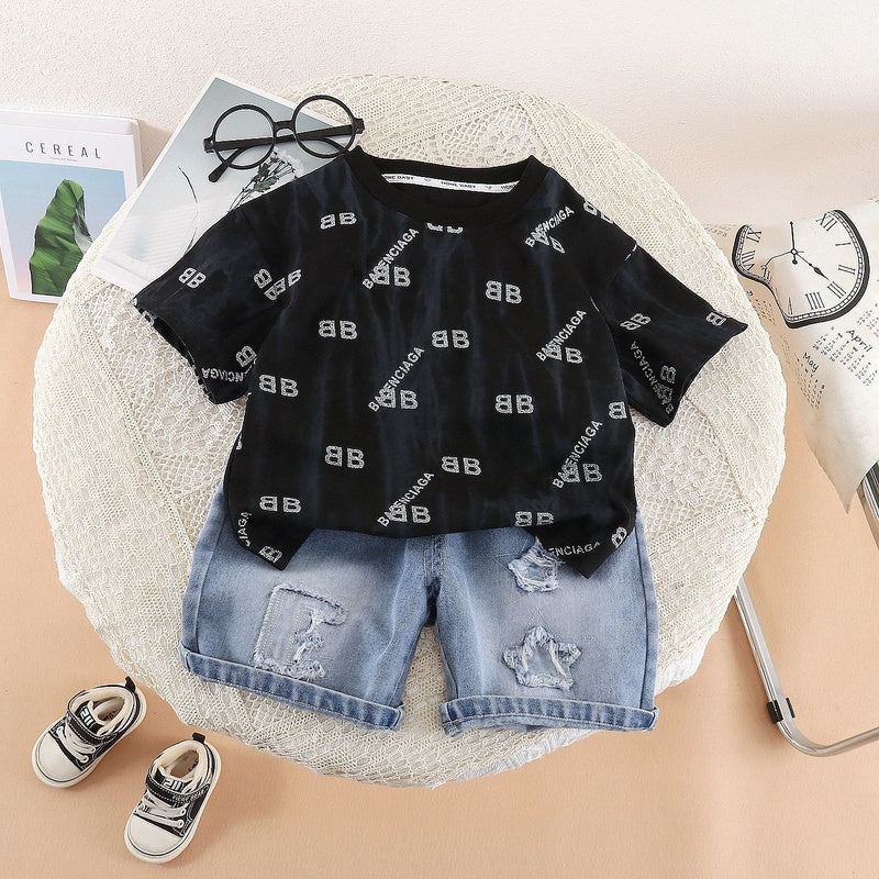 Boys' Outfit 2026 New Trendy Baby Summer Letter Print Short Sleeve Clothes Children's Fashionable Two-Piece Set