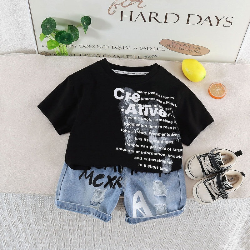 2026 Summer New Fashionable Letter Print Short Sleeve Shorts Two-Piece Set for Boys 1-3 and 4 Years Old