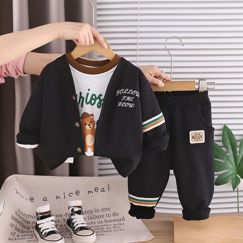 Boys' Outfit Stylish 2026 New Baby Children's Spring and Autumn Long Sleeve Korean Version Bear Cardigan Three-Piece Set Trendy