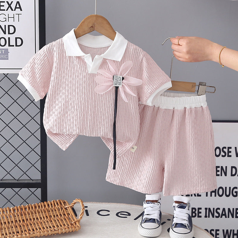 Baby Girl Outfit 2026 New Fashionable Girls' Summer Two-Piece Set with Floral Chest Design, Short Sleeve and Shorts