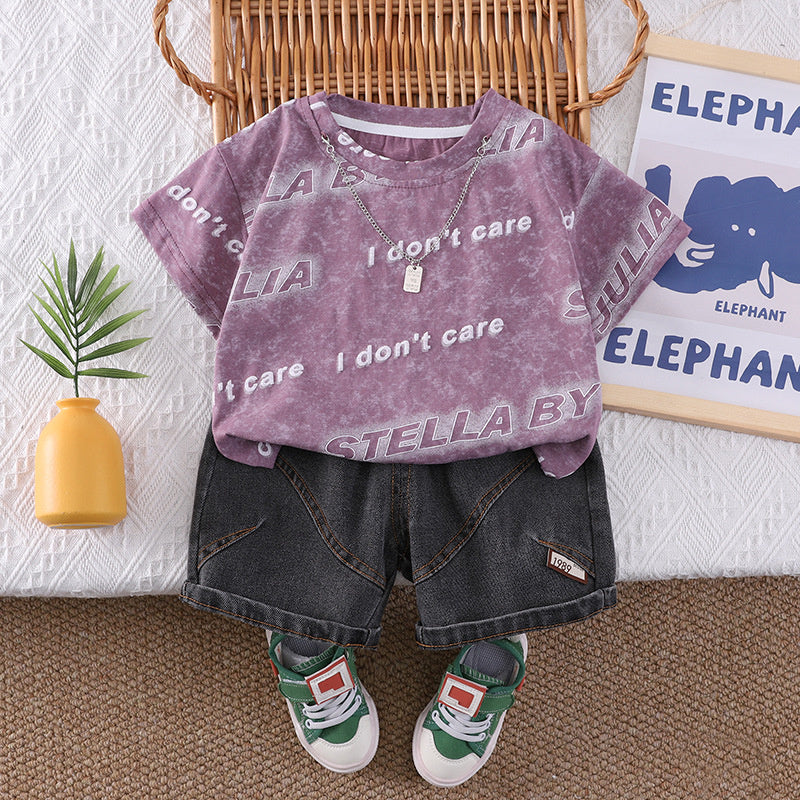 Baby children's clothing summer set, 2026 new stylish clothes for infants and toddlers, boys' two-piece short-sleeve set with letter necklace