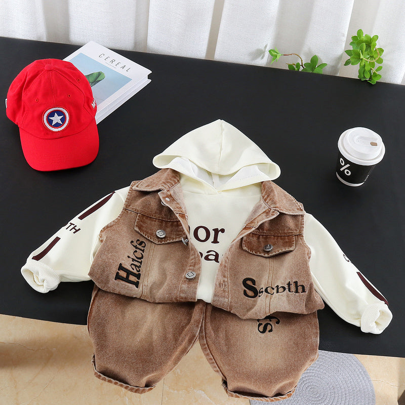 Boys' Outfit 2026 New Style Children's Spring and Fashionable Letter Denim Vest Three-Piece Set for Toddlers in Autumn