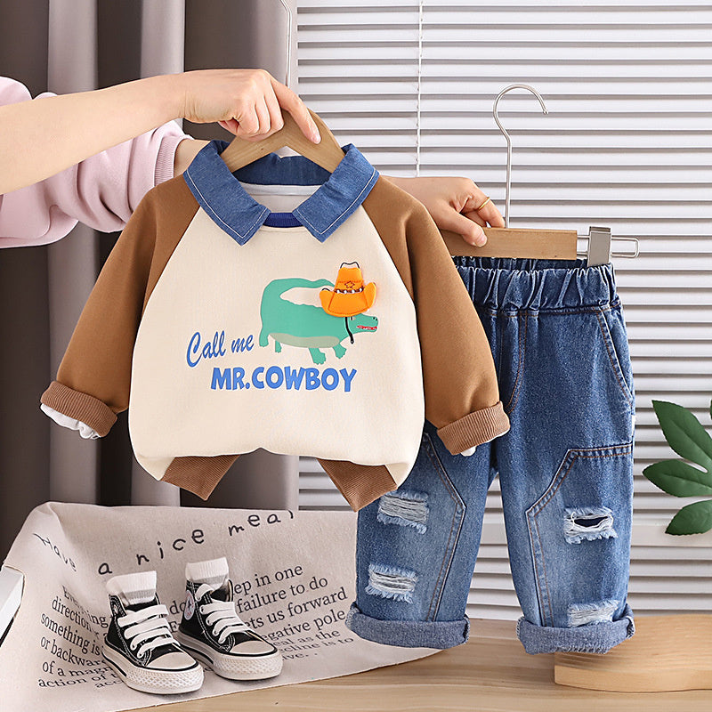 Boys' Outfit 2026 New Style Infant Children's Spring and Autumn Denim Collar Crocodile Sweatshirt Two-Piece Set for Handsome Boys