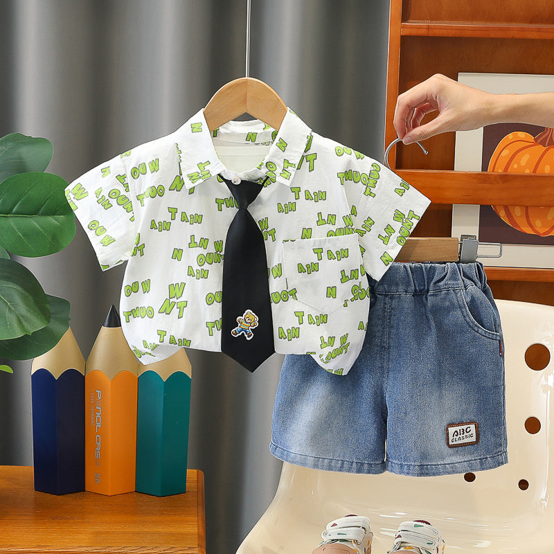 Boys' Outfit 2026 New Baby Summer Short Sleeve Three-Piece Set Children's Tie Bear Shirt 1-2-3 Years Old 5