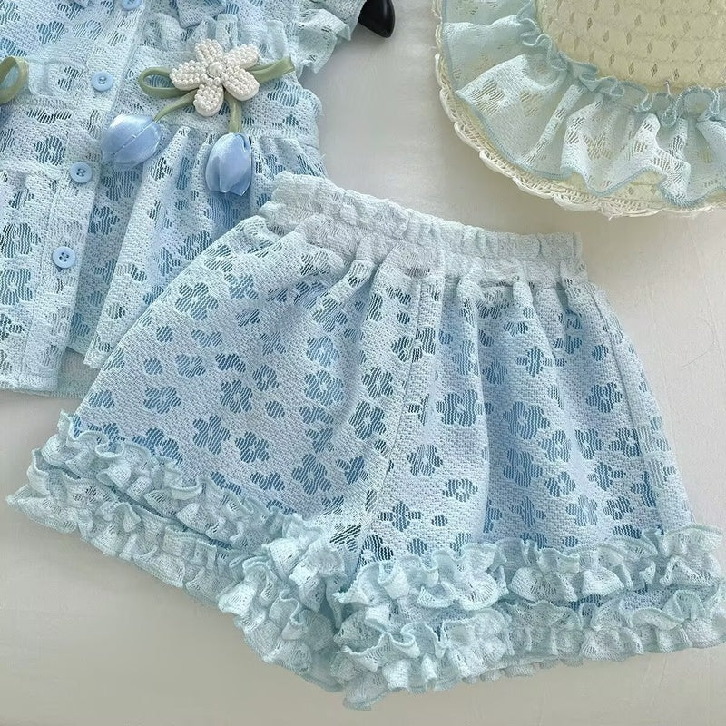 Summer Girls' Outfit 2025 New Floral Vest Top and Lace Shorts Two-Piece Set for Baby Girls Princess