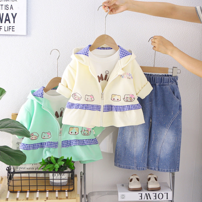 Girls' Autumn Outfit 2026 New Fashionable Children's Korean Style Four Bear Head Little Girl Hoodie Three-Piece Set