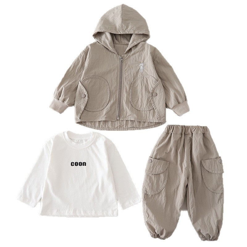 Spring Outfit 2026 New Trendy Stylish Fashionable Children's Clothing Boys' Solid Color Hooded Three-Piece Set