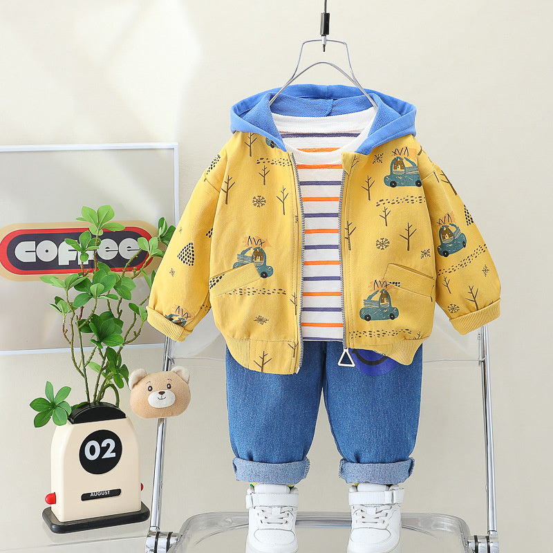 Boys' Autumn Outfit New Korean Version Zipper Hoodie Jacket Baby Stylish Three-Piece Set Wholesale Children's Clothing