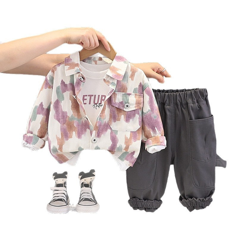 Boys' Casual Tie-Dye Pocket Three-Piece Outfit, Stylish Fashionable and Autumn Baby Children's Spring Clothing Trend