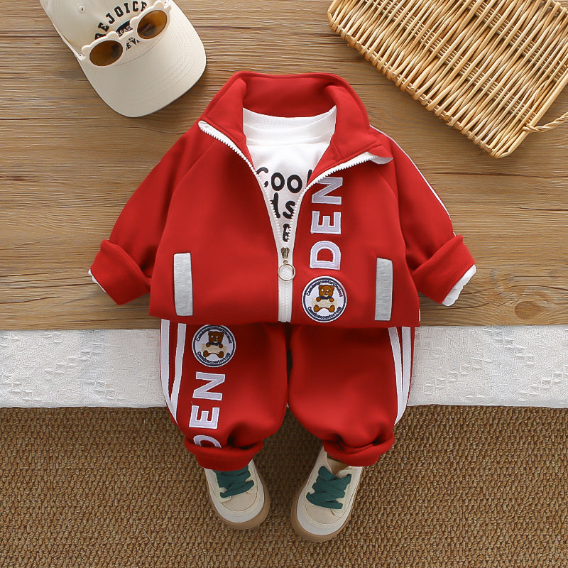 Boys' Outfit: Stylish Round-Logo Bear Three-Piece Set, Fashionable and Trendy Baby Spring Clothes for Toddlers