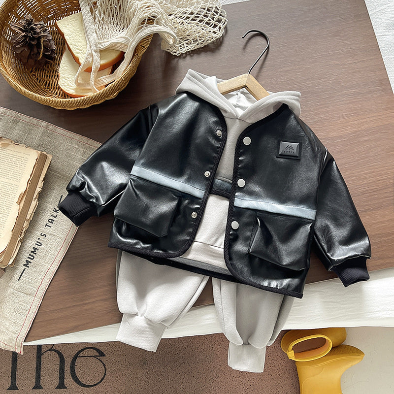 Children's Autumn Clothing 2026 New Style Boys' Casual Leather Jacket Three-Piece Set Stylish Outfits for Toddlers Wholesale