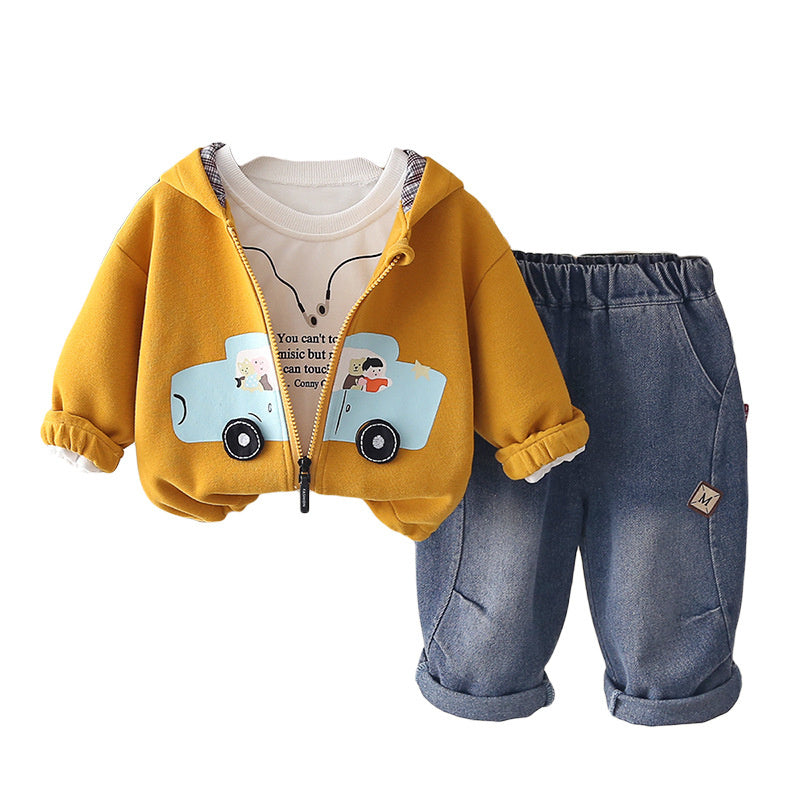 Boys' Outfit 2026 New Style Infant Children's Spring and Autumn Fashionable Baby Car Zipper Jacket Three-Piece Set