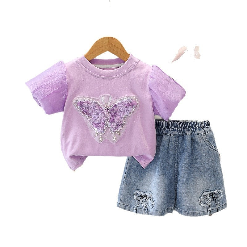 Little girl's summer butterfly short-sleeve outfit, stylish 2026 new baby clothes, fashionable and cute two-piece set for babies