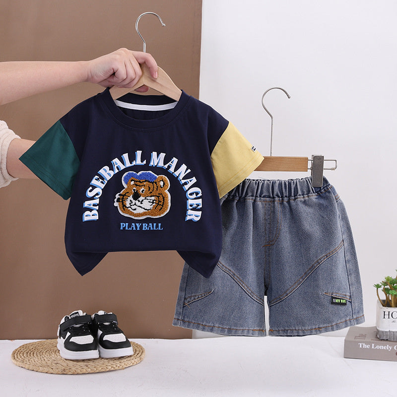 Boys' Outfit 2026 New Children's Cartoon Animal Clothes Baby Summer Thin Color-Block T-Shirt Two-Piece Set