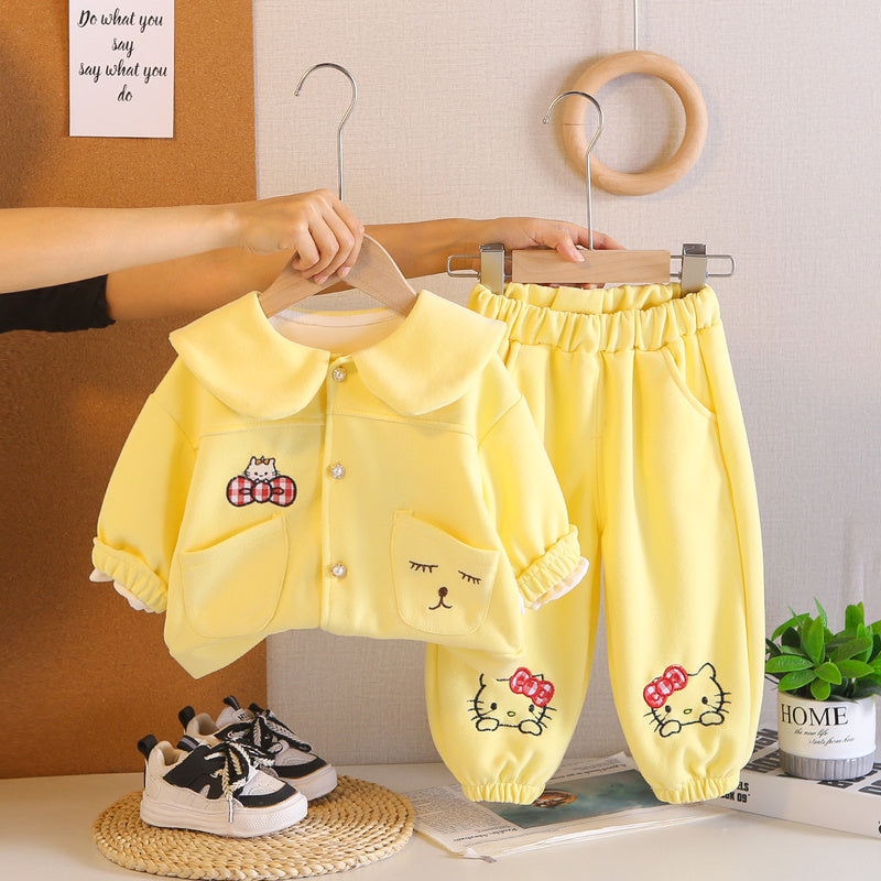 Girls' Spring Outfit: Stylish Bowknot Cat Two-Piece Set, Cute Cartoon Clothes for Toddlers, Trendy Infant Clothing