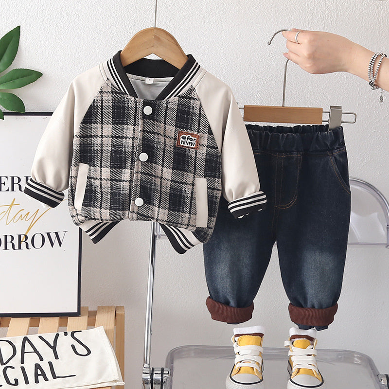 Boys' Outfit 2026 New Fashionable Plaid Double-Layer Jacket Children's Spring and Autumn Stylish Casual Two-Piece Set