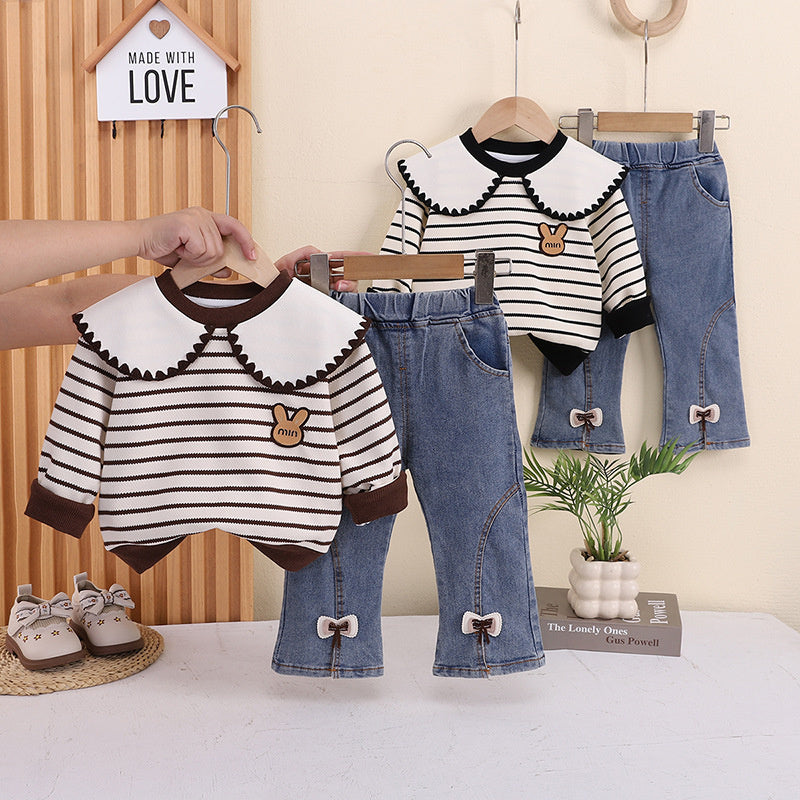 Girls' Spring and Fashionable Outfit 2026 New Baby Girl Striped Turn-down Collar Long Sleeve Autumn Clothes Infant Korean Style Trendy