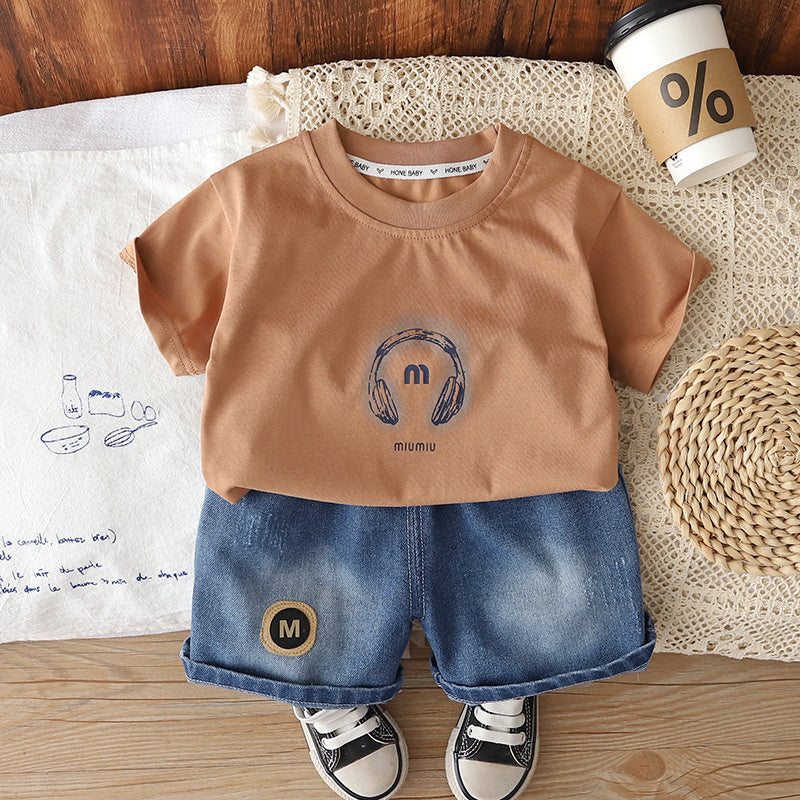Boys' Outfit 2026 New Model Children's Summer Casual Handsome Baby Boy Headphone Short Sleeve Two-Piece Set