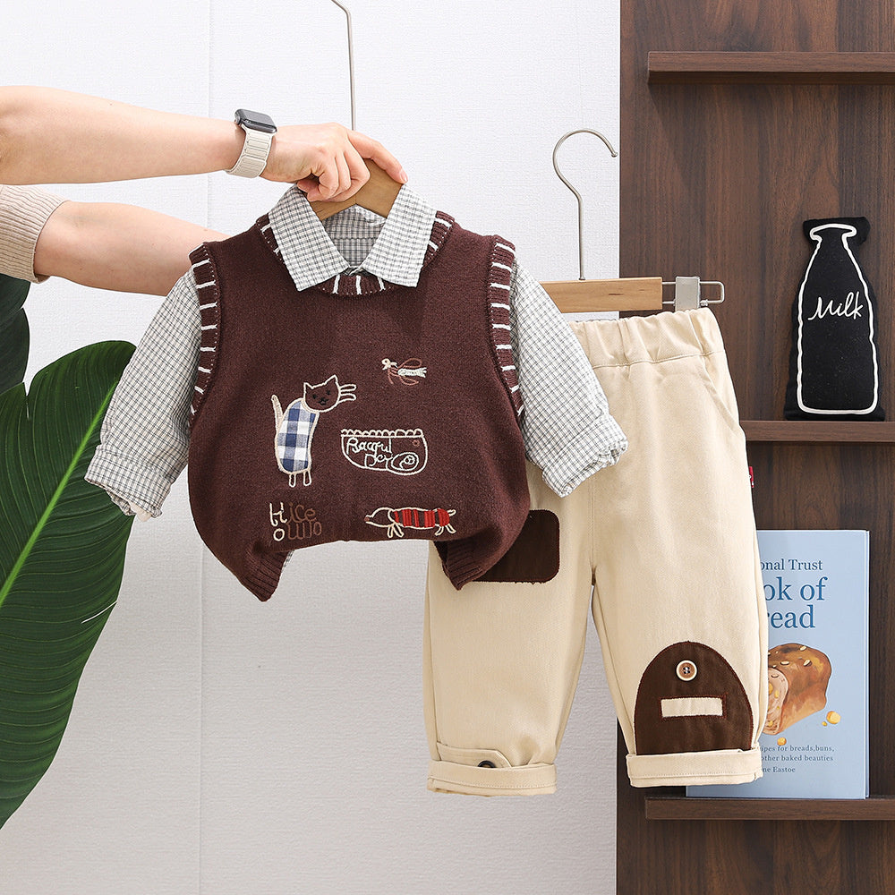 Spring and Autumn Outfit 2026 New Style Toddler Sweater Children's Boys' Baby Cat Vest Three-Piece Trendy Set
