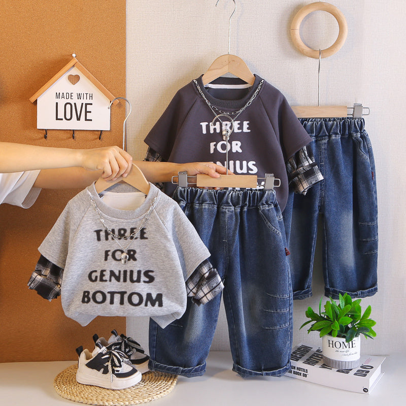 Boys' necklace-studded sweatshirt stylish outfit for toddlers, spring autumn two-piece set, trendy baby and toddler clothing