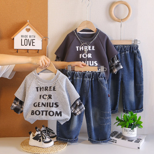 Boys' necklace-studded sweatshirt stylish outfit for toddlers, spring autumn two-piece set, trendy baby and toddler clothing