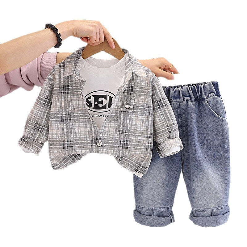 Boys' Outfit 2026 New Style Infant Children's Spring and Autumn Stylish Plaid Shirt Three-Piece Set for Baby Boys
