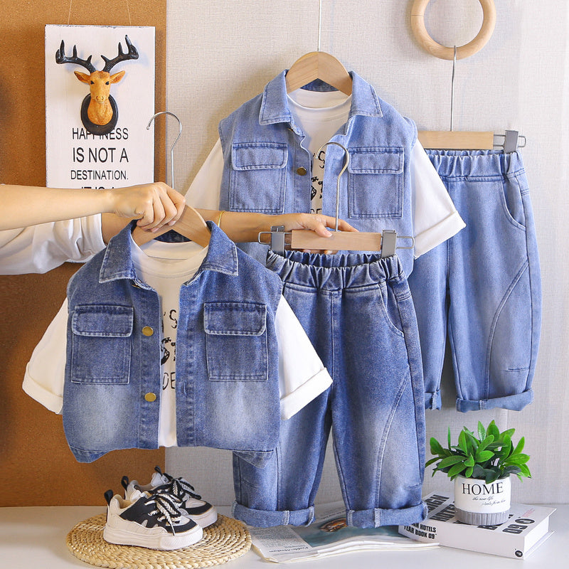 Boys' Outfit 2026 New Children's Double Pocket Denim Vest Three-Piece Set Baby Spring and Autumn Casual Wear