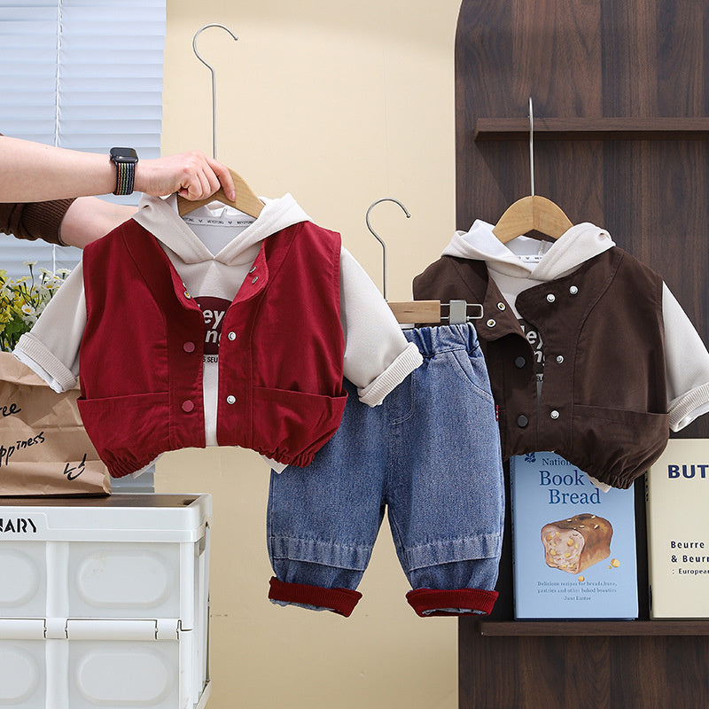 Children's Clothing Outfit Solid Color Letter Hooded Vest Three-Piece Set Spring Autumn Baby Boys Clothes Trendy