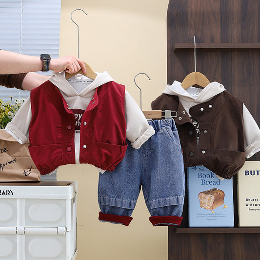 Children's Clothing Outfit Solid Color Letter Hooded Vest Three-Piece Set Spring Autumn Baby Boys Clothes Trendy