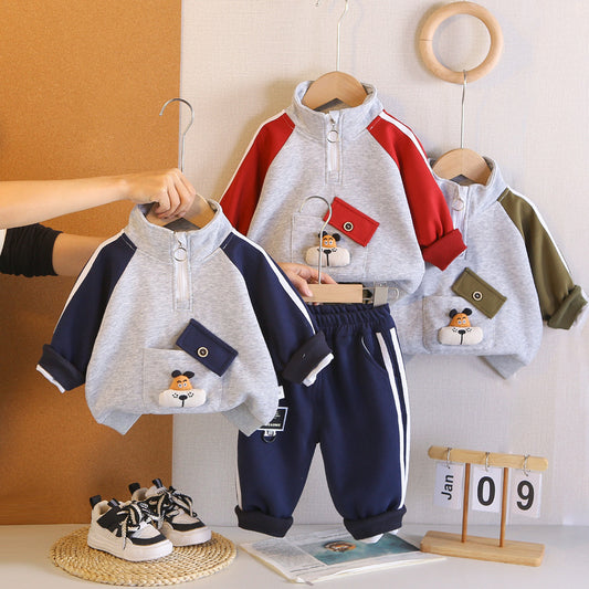 Boys' Outfit Set: New Spring Autumn Style for Infants Children, Stylish Korean Version with Diagonal Pocket Cover and Puppy Print Sweatshirt Two-Piece Set