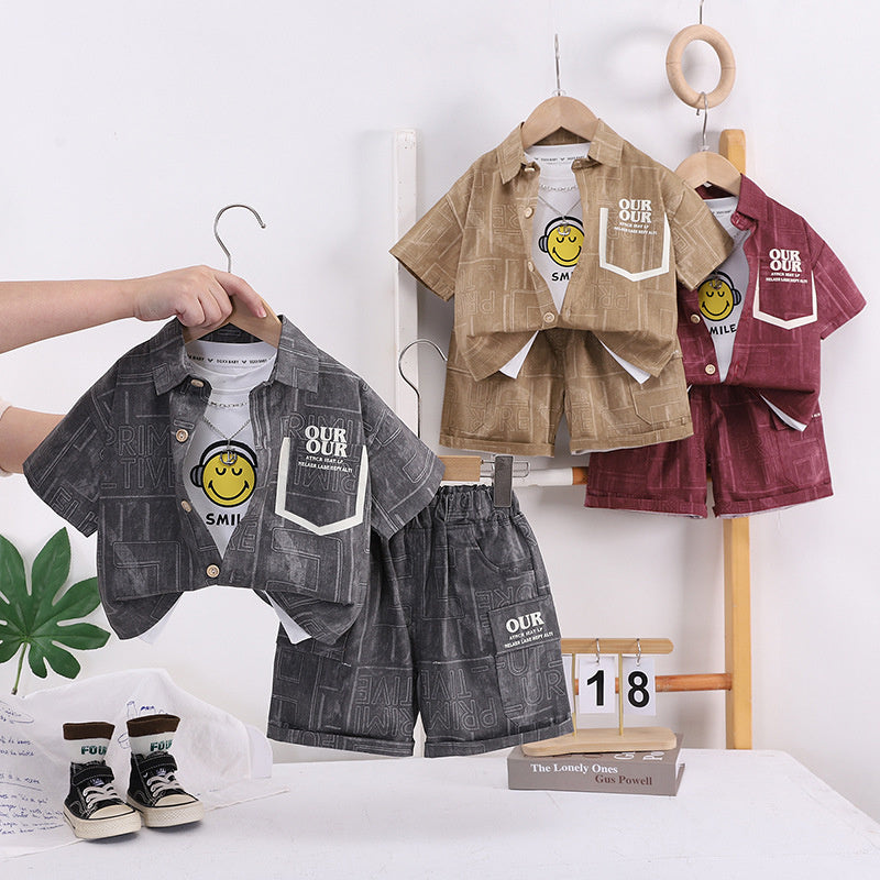 Children's Summer Fashionable Outfit 2026 New Style for Young Boys, Pocket Cardigan Short Sleeve, Baby Boy Shorts Three-Piece Trendy Set
